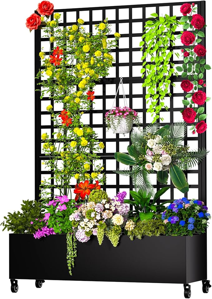 Metal Planter Box with Trellis, 72.1"x47.2"x16" Galvanized Raised Garden Bed with Privacy Screen & Drainage Holes & Lockable Casters for Climbing Plants, Flower, Vegetable (Black-Grid)