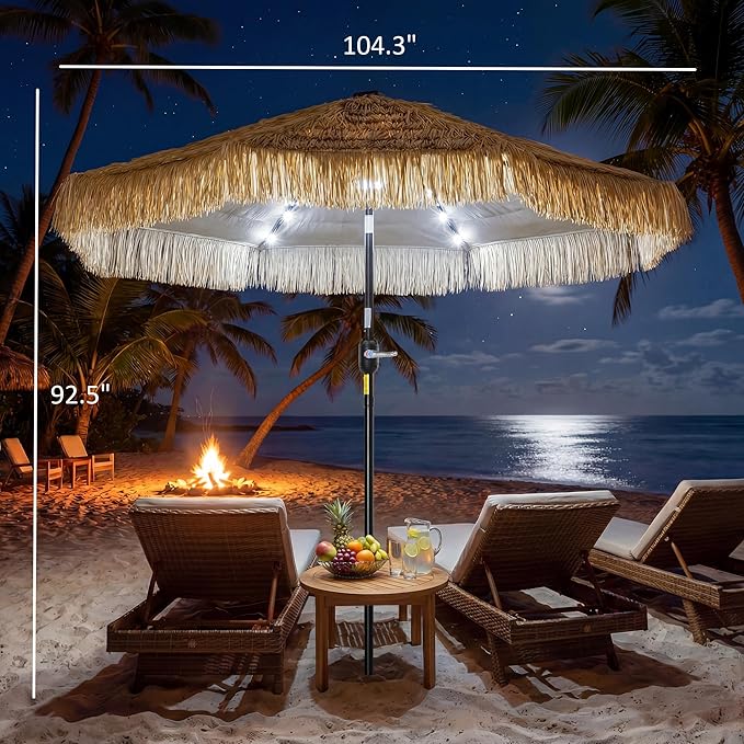 Outsunny 9 ft Hula Thatched Tiki Patio Umbrella with LED Solar Light, Tropical Hawaiian Style Outdoor Umbrella with Crank, Tilt, UPF30+, for Garden, Backyard, Deck, Pool, Khaki