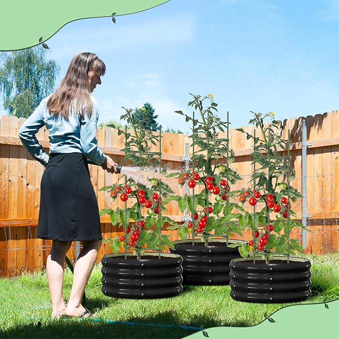 DoCred 3 Pack 2x2x1Ft Round Galvanized Raised Garden Bed, Metal Garden Bed Outdoor with Tomato Cages for Gardening, Above Ground Planter Box for Plants Vegetables Herbs Flowers, Black