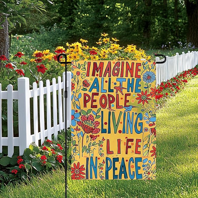 BlissYard Welcome Garden Flag 12x18 Inch Imagine All The People Living Life In Peace Colorful Floral Artistic Double Sided Yard Banner Inspirational Quote Sign For Outdoor Porch Patio Decoration