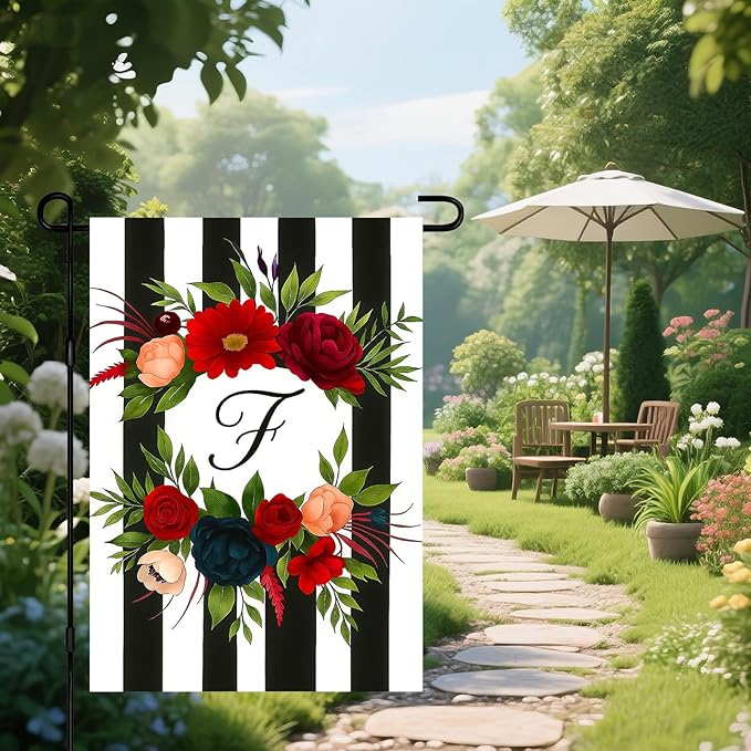 IVN Spring Floral Garden Flag With Mixed Flowers Letter F And Black And White Stripes Wreath Garden Flag Double Sided 12x18 Inch Vertical Farmhouse Yard Outdoor Decoration