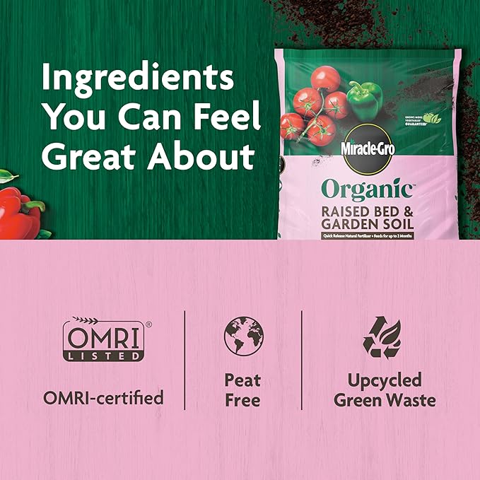 Miracle-Gro Organic Raised Bed and Garden Soil Bulk Pallet, Quick Release Natural Fertilizer, Peat Free, OMRI Listed, 1.5 cu. ft. Bags, Pallet of 50