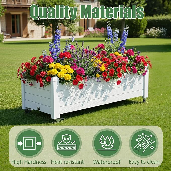 Raised Garden Bed with Wheels Outdoor, Resin Planter Box with Drain Hole and Water Level Detector for Backyard, Patio, Balcony, White(13.3" H)