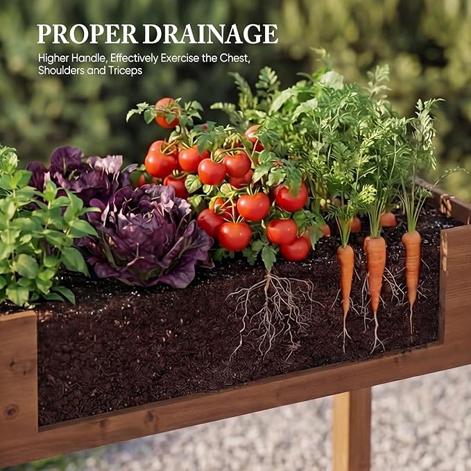 DUMOS Raised Garden Bed with Legs, 34x18x30 Inch Planter Box Outdoor with Liner for Herbs Flowers Vegetables, Elevated Wooden Garden Bed for Patio, Balcony and Backyard, Brown