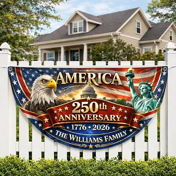 Personalized USA 250th Anniversary Bunting Flag 1776-2026, Custom Family Name Patriotic America Bunting, Non-Pleated Fan Flag for Porch, Wall, Fence, Outdoor 4th of July Decor