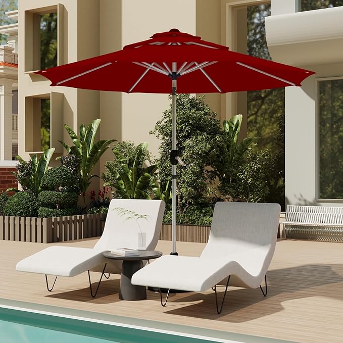 9FT 3-Tier Aluminum Outdoor Patio Umbrella, Fade-Resistant Market Umbrella with Push Button Tilt Function, 8 Sturdy All-Aluminum Ribs for Gardens, Patios, Backyards & Pools