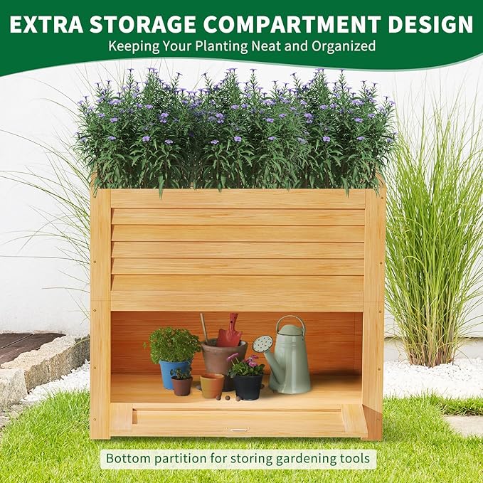 Raised Garden Bed with Extra Storage Compartments Outdoor, 34" x 18" x 30" Wood Elevated Garden Box Wooden Planter Box for Herbs, Vegetables, Flowers Backyard, Patio, Balcony