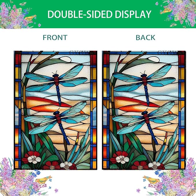 Spring Dragonfly Garden Flag 12x18 Inch Double Sided, Stained Glass Small Burlap Yard Flag for Summer Farmhouse Holiday Outside Decoration
