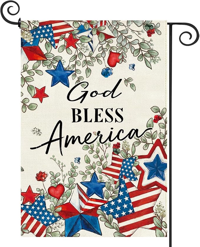 Baccessor Patriotic Garden Flag 12.5 x 18 Inch, Double Sided Burlap 4th of July Memorial Day Stars Floral Welcome Small Yard Flag for Porch Patio Seasonal Holiday Outdoor Outside Decor