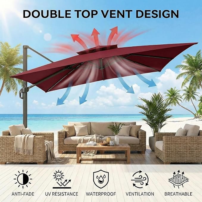 Hoteel 10ft Patio Umbrella Heavy Duty Aluminum Windproof & Shade Provision Outdoor Cantilever Double Top Offset Large Umbrella Height Adjustable with 360°Rotation for Patio Pool Deck Gazebo, Wine Red