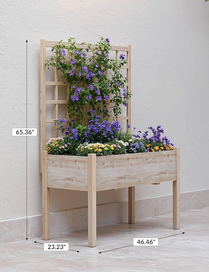 Wooden Raised Garden Bed with Trellis, 46.46x23.23x65.35IN Elevated Planter Box with Legs for Climbing Plants, Vegetables & Flowers