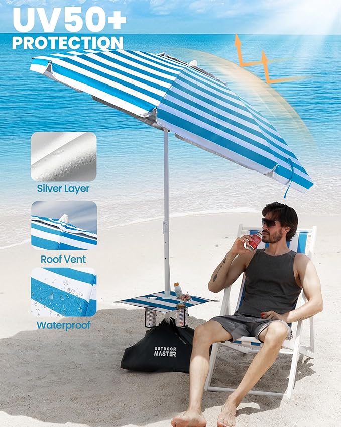 OutdoorMaster Beach Umbrellas for Sand with Sandbag & Anchor, 7.2ft Adjustable Umbrella for Beach Heavy Duty Wind, Portable UPF50+ Sunshade with Carry Bag for Patio