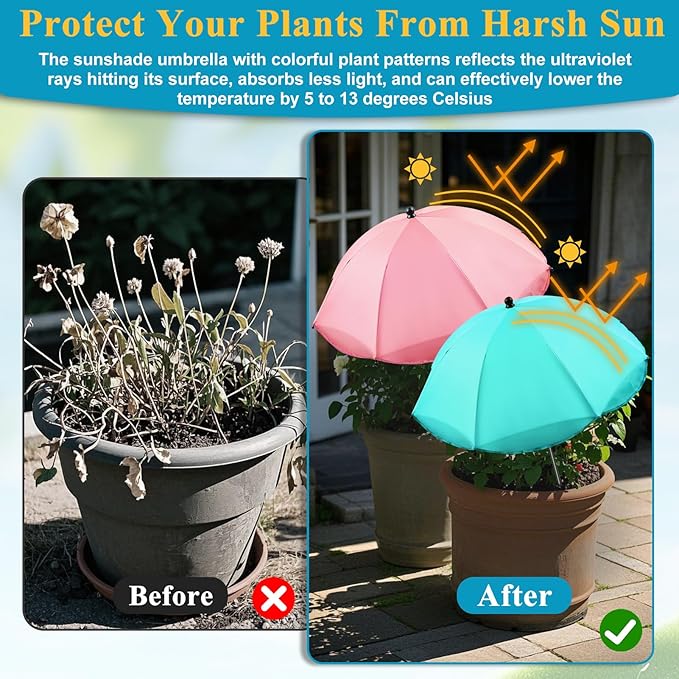 Upgraded Plant Umbrellas for Outdoor Plants 50" Tall 26" Canopy Adjustable Angle Garden Bed Shade Cover with Sturdy Metal Stake & UV Protection Plant Cover for Potted Plants Flower Pot