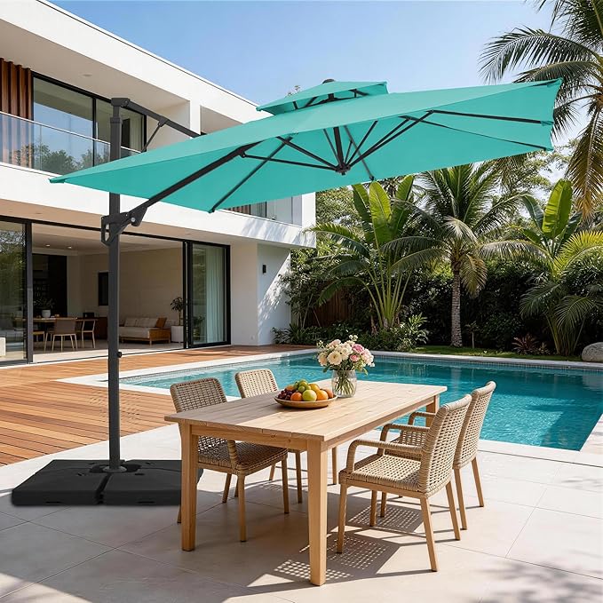 JEAREY 9ft Cantilever Patio Umbrella Outdoor Square Large Offset Umbrella Double Top Roating Heavy Duty Sun Umbrella for Patio Lawn Garden Backyard and Pool,Peacock Blue