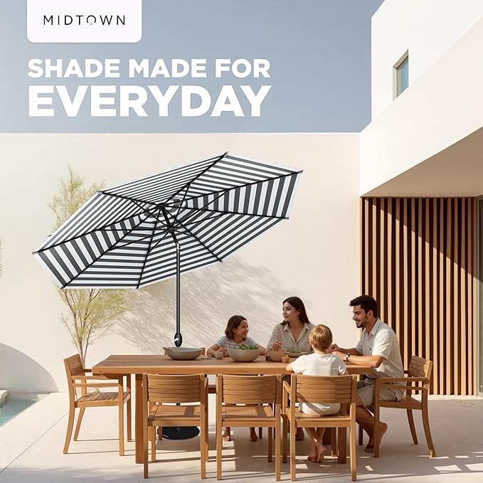 Midtown Umbrellas - 10-Year-No-Fade 6 Ft Patio Umbrella with Terylast Fabric, Auto-Tilt Aluminum Frame and 8 Reinforced Ribs for Deck, Pool, Garden & Beach - Grey/White Stripes Canopy, Black Pole