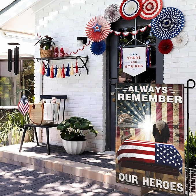 Always Remember Our Heroes Garden Flag 12x18 Inch Memorial Day Garden Flag 3ply Polyester Double Sided Print 4th of July Independence Day Veterans Day Garden Flags for House Indoor Yard Outdoor Holiday Patriotic Decor