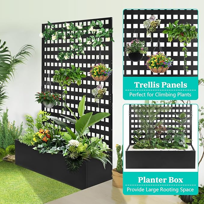 Metal Planter Box with Trellis Raised Garden Bed with Drainage Holes， Privacy Planters for Patio as a Privacy Screen for Climbing Plants Outdoor (46x18x71Inch)