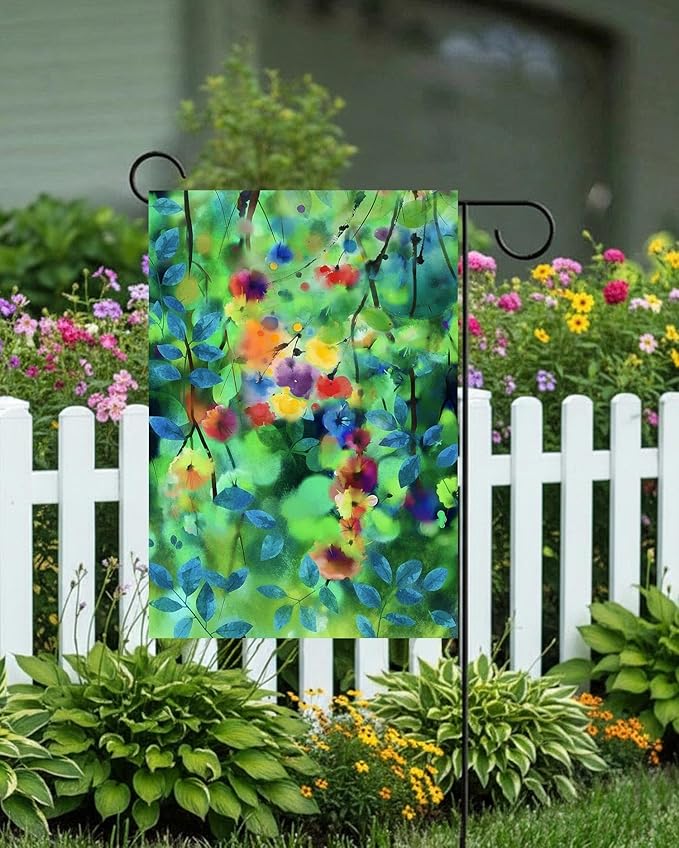 Watercolor Abstract Spring Seasonal Green Floral Leaves Flowers Nature Garden Yard Flag 12"x 18" Double Sided Polyester Welcome House Flag Banners for Patio Lawn Outdoor Home Decor