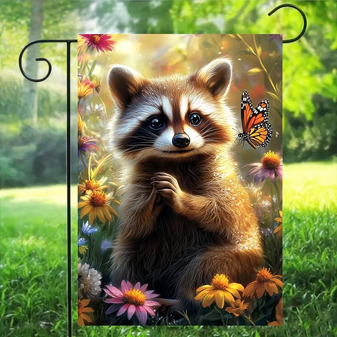 Spring Summer Raccoon Garden Flag 12x18 Double Sided, Small Burlap Seasonal Floral Butterfly Garden Flags Spring Summer Outdoor Yard Decorations for Outside Lawn Décor