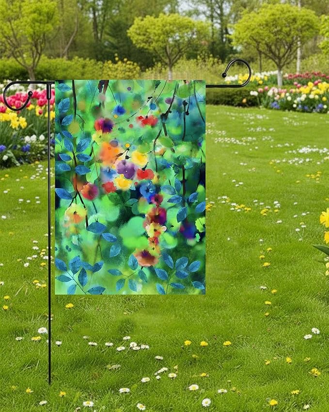 Watercolor Abstract Spring Seasonal Green Floral Leaves Flowers Nature Garden Yard Flag 12"x 18" Double Sided Polyester Welcome House Flag Banners for Patio Lawn Outdoor Home Decor