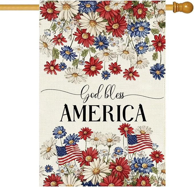 Baccessor Patriotic House Flag 28 X 40 Inch, Double Sided Burlap 4th of July Memorial Day Flowers Welcome Large Yard Flag for Porch Patio Summer Holiday Outdoor Outside Decor