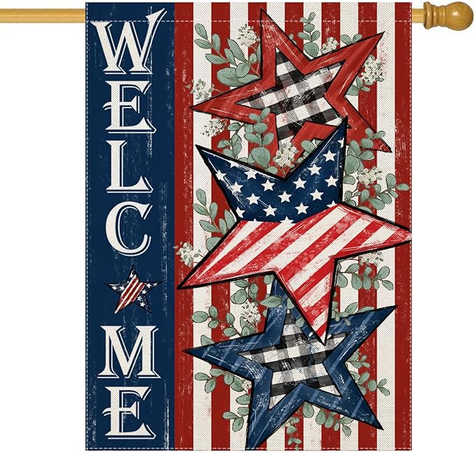 Welcome 4th of July House Flags for Outdoor, Patriotic American Stars and Stripes Large Yard Decorations, Decorative Decor for Summer 250th USA Anniversary Holiday Outside 28x40 Inch Double Sided