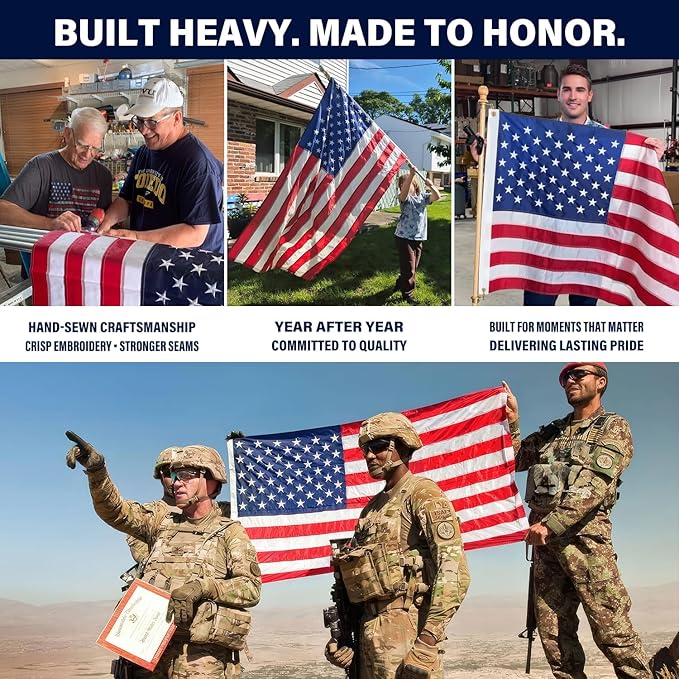 American Flag 3x5 ft for Outside, TearProof Series Spun Polyester US Flags Ultra Durable with Embroidered Stars, Sewn Stripes, Brass Grommets, Indoor/Outdoor All Weather Use