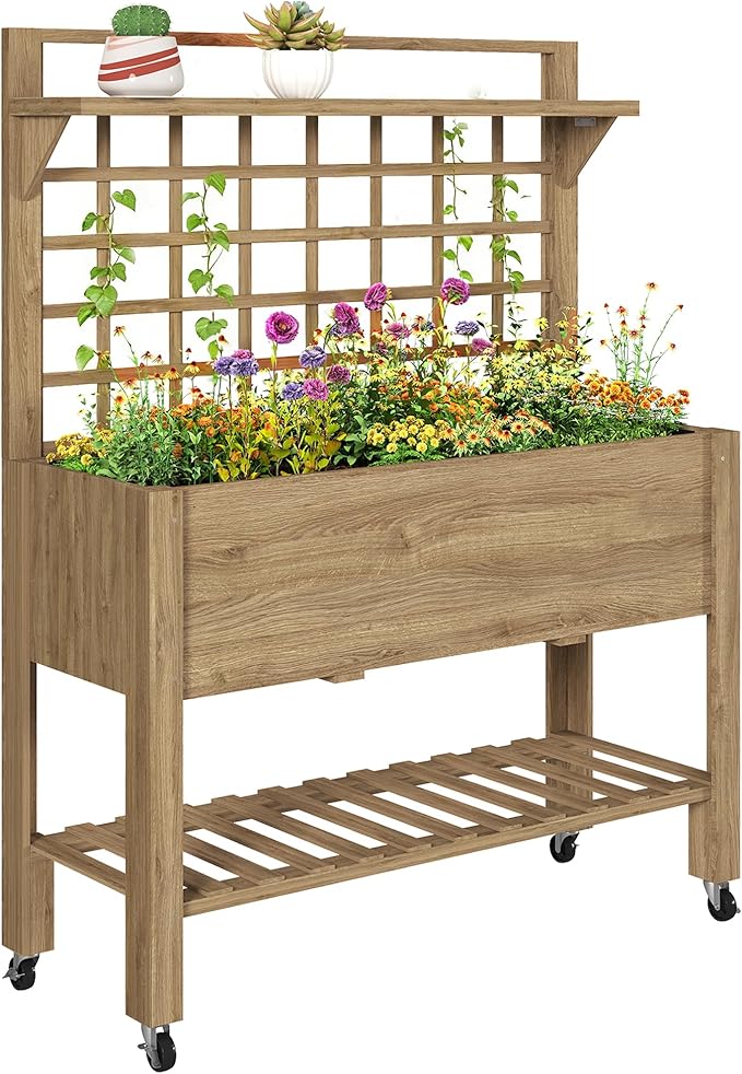 Outsunny 41" Raised Garden Bed with Trellis on Wheels, Wooden Elevated Planter Box with Legs and Bed Liner, for Flowers, Herbs & Vegetables, Dark Brown