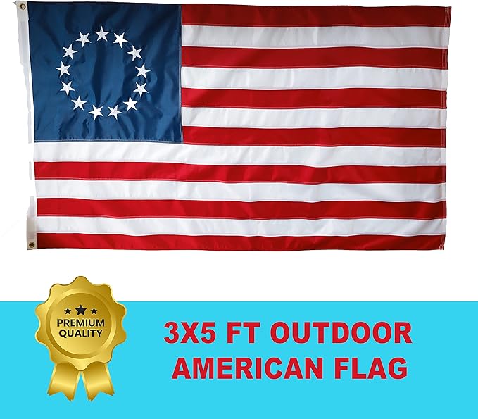 Betsy Ross Flag 3x5 Ft - Heavy Duty Weather Resistant American Flag - Embroidered 13 Stars - Brass Grommets - 2 Rows Of Stitching On Both Sides