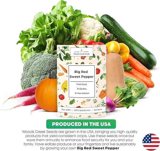 Big Red Bell Pepper Seeds for Planting – Heirloom, Non-GMO Sweet Red Bell Pepper Seeds, Large Blocky Peppers for Home Garden | Woods Creek Seeds