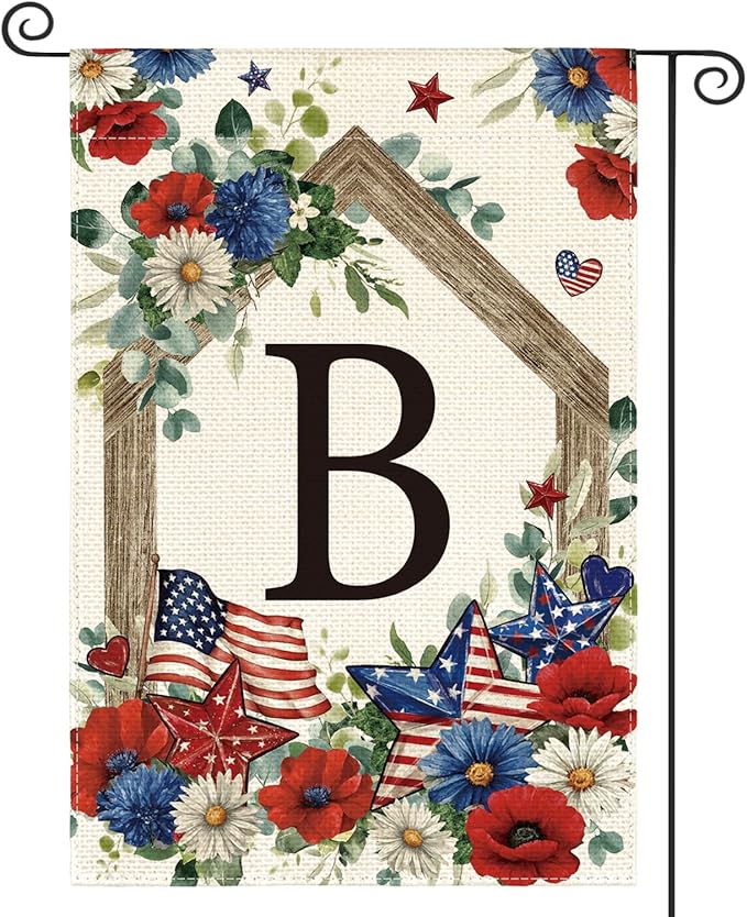 AVOIN colorlife Initial Letter B Monogram Patriotic Garden Flag 12x18 Inch Double Sided Outside, 4th of July Memorial Day Floral Family Last Name Yard Outdoor Decoration