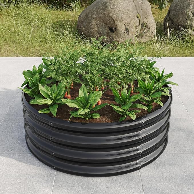 Round Galvanized Raised Garden Bed kit, Steel Fire Pit Ring Flower Planter Metal Above Ground Boxes Kit Patio Ground Planter for Planting Vegetables and Herb,Black,32.1"×11.4"