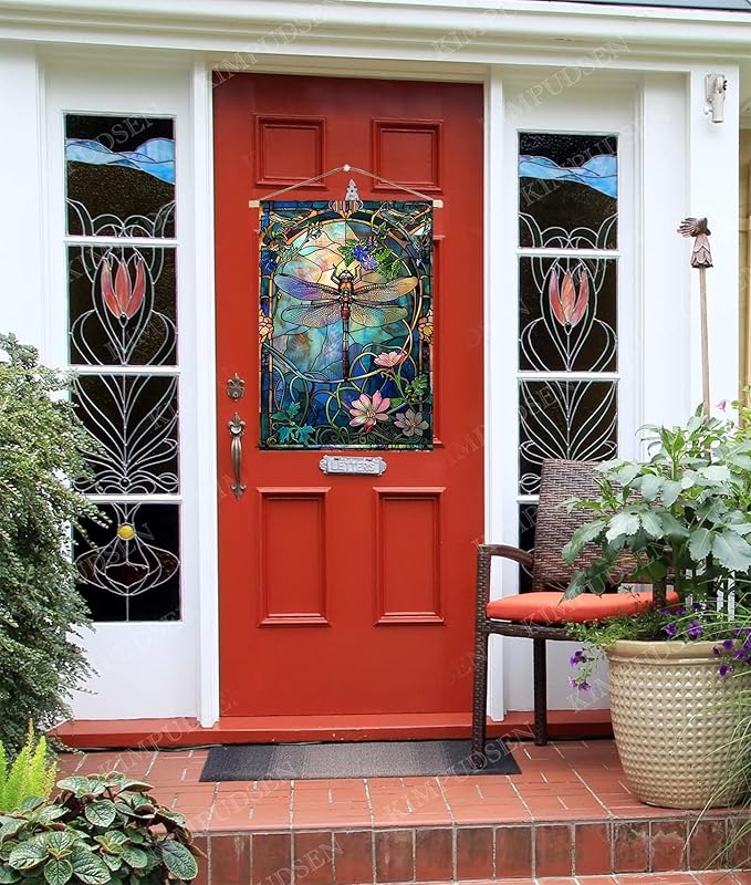 Stained Glass Dragonfly House Flag Spring Summer Yard Flag Floral Decorative Flags for Outside 28x40 Double Sided Large Seasonal Garden Flags Outdoor Indoor Yard Garden Decor