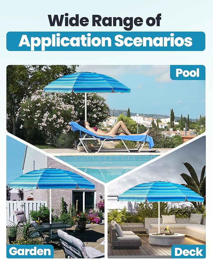 OutdoorMaster Beach Umbrellas for Sand with Sandbag & Anchor, 7.2ft Adjustable Umbrella for Beach Heavy Duty Wind, Portable UPF50+ Sunshade with Carry Bag for Patio