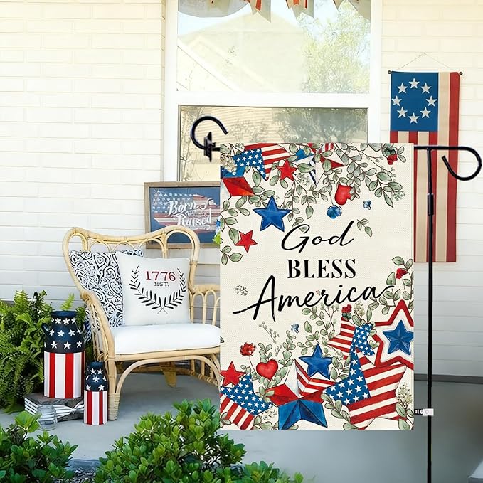 Baccessor Patriotic Garden Flag 12.5 x 18 Inch, Double Sided Burlap 4th of July Memorial Day Stars Floral Welcome Small Yard Flag for Porch Patio Seasonal Holiday Outdoor Outside Decor
