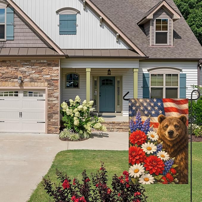 Patriotic Bear Garden Flag 28x40 Inch,USA Flag Floral Animal Outdoor Yard Red White Blue Decor,Double Sided Seasonal Lawn Porch Farm Independence Day Holiday Gift