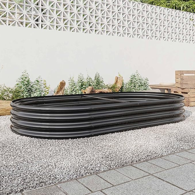 Raised Garden Beds Outdoor, Oval Large Galvanized Metal Planter Box with Kit, Above Ground Garden Bed for Vegetables Fruits and Flowers (Black, 7.5×3.7×1)