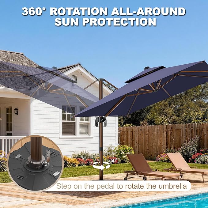 10x13FT Cantilever Outdoor Patio Umbrellas, Double Top Wood Pattern Rectangle Umbrella, Heavy Duty 360°Rotation Offset Umbrella for Garden Deck Pool Patio, Navy Blue