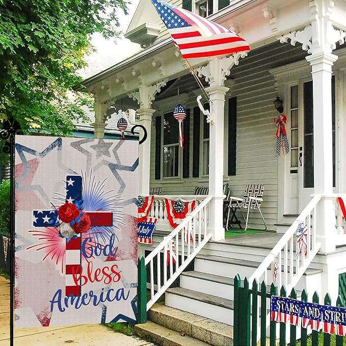 God Bless America Stars and Stripes Garden Flag, Memorial Day 4th of July Patriotic Lily Cross Yard Outdoor Decoration 12x18 Inch Double Sided