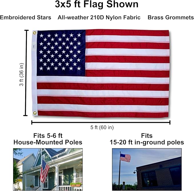 3x5 ft Heavy-Duty American Flag – 100% Made in USA, FMAA Certified – UV-Resistant 210D Outdoor Nylon with Embroidered Stars, Sewn Stripes, Brass Grommets, Reinforced Fly End for High-Wind