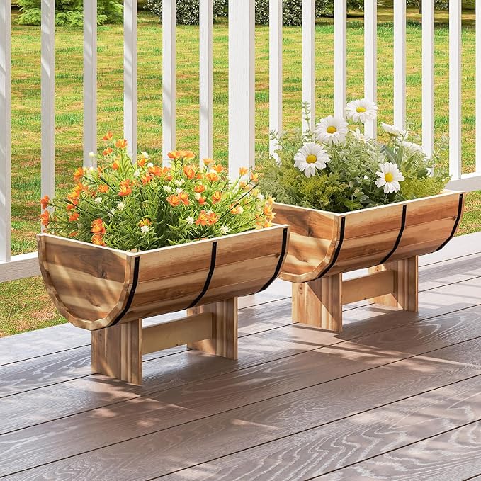 S AFSTAR 2 Pieces Acacia Wood Raised Garden Beds, Half-Barrel Planter Box with Legs, Drainage Gaps & Metal Bands, Rustic Plant Box Decorative Elevated Flower Pot for Indoor & Outdoor