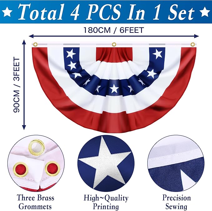 4 Pack 250th Anniversary 3 X 6 FT American Bunting Flag, 4th of July Decorations USA Pleated Fan Flag Memorial Day Outdoor Patriotic Half Fan Flags Banner Fourth of July Independence Day Outside Decor