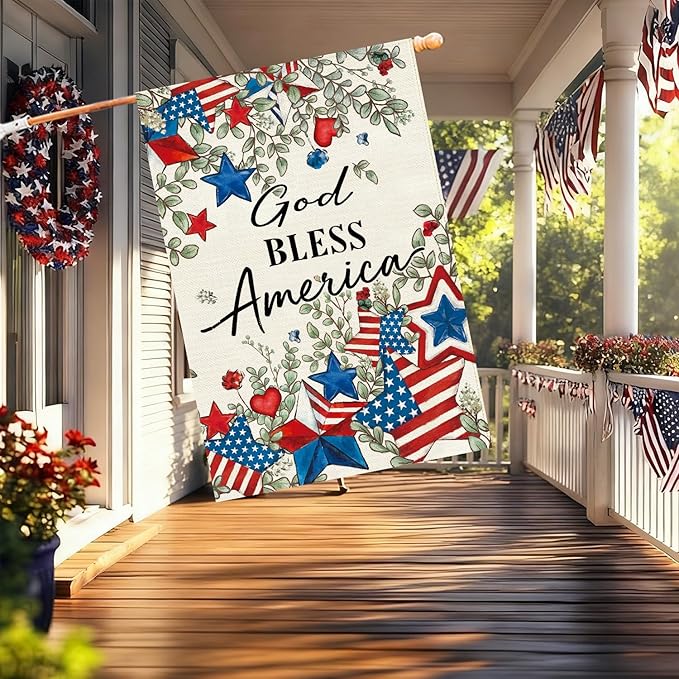 Baccessor Patriotic House Flag 28 X 40 Inch, Double Sided Burlap 4th of July Memorial Day Stars Floral Welcome Large Yard Flag for Porch Patio Seasonal Holiday Outdoor Outside Decor