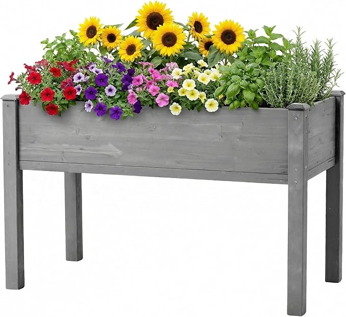 Wooden Cedar Raised Garden Bed with Legs, 48x24x30 Inch Planter Raised Beds for Gardening, Raised Garden Beds Outdoor Planter Box for Vegetables/Herbs/Flower/Backyard (Grey)