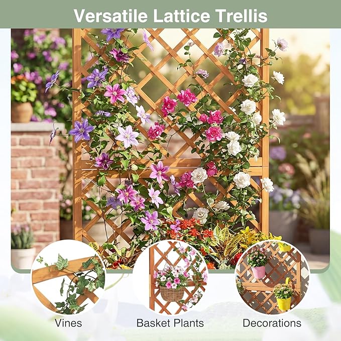 S AFSTAR Wooden Raised Garden Bed with Trellis, 63" Tall Planter Box with Drainage for Vines Climbing Plants Flowers Herbs, Elevated Gardening Planter for Backyard, Balcony & Patio