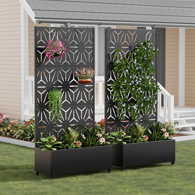 Casaphoria 72"x35" Metal Raised Garden Bed with Trellis(2 Pack), Outdoor Planter Box with Wheels & Drainage Holes for Climbing Plants, Flowers, Elevated Garden Kit with Privacy Screen, Black-Star