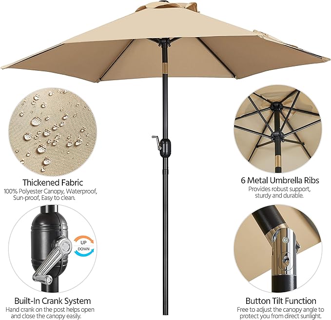 Yaheetech 7.5FT Patio Umbrella Outdoor with Heavy Duty Base Included,Table Umbrella with Push Button Tilt and Crank, UV Protection Waterproof for Yard/Outdoor/Wedding Parties and Events - Tan