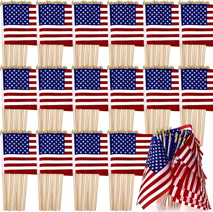 Shimeyao 200 Pcs American Flag Bulk - 8" x 12" Handheld USA Flags on Wooden Stick Set for 4th of July, 250th Anniversary, Patriotic Party, Memorial Day Decoration