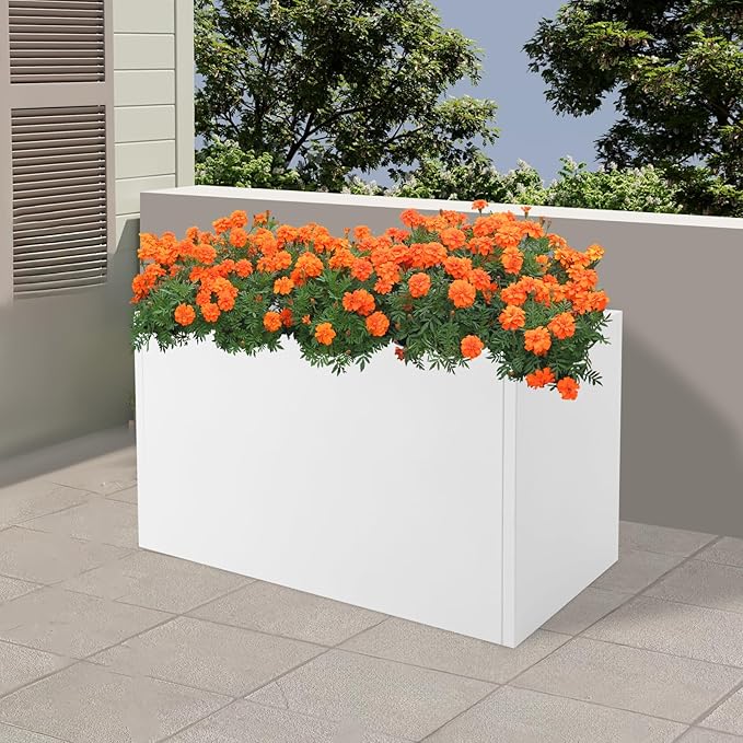 Metal Planter Box, Tall Rectangular Raised Garden Bed with Removable Shelf and Drainage Holes, Modern Steel Garden Planter, Flower Planter Boxes for Patio, Yard & Porch, Outdoor (White, 38*16*20in)