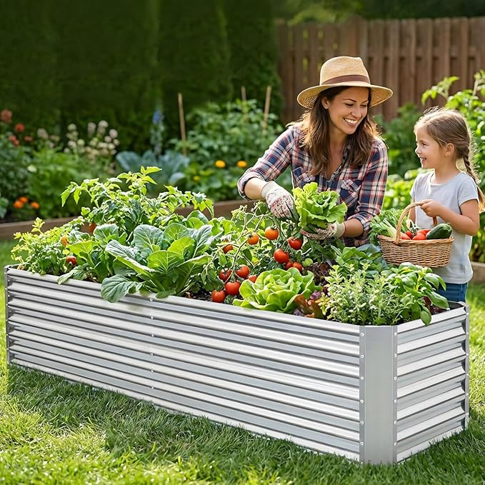 8x2x1.86ft Raised Garden Bed - Galvanized Deep Root Planter Boxes Outdoor with Wing Nuts and Safety Edges for Gardening Vegetables, Flowers, Herbs, Succulents - Silver